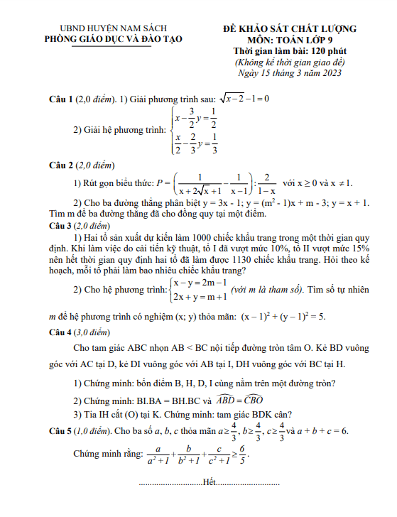 Đề khảo sát Toán 9 năm 2022 – 2023 phòng GD&ĐT Nam Sách – Hải Dương