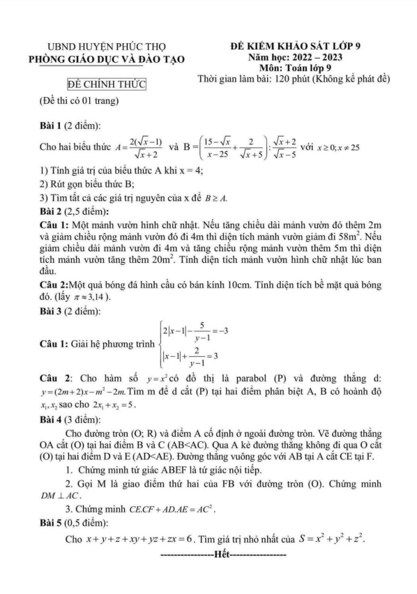 Đề khảo sát Toán 9 năm 2022 – 2023 phòng GD&ĐT Phúc Thọ – Hà Nội