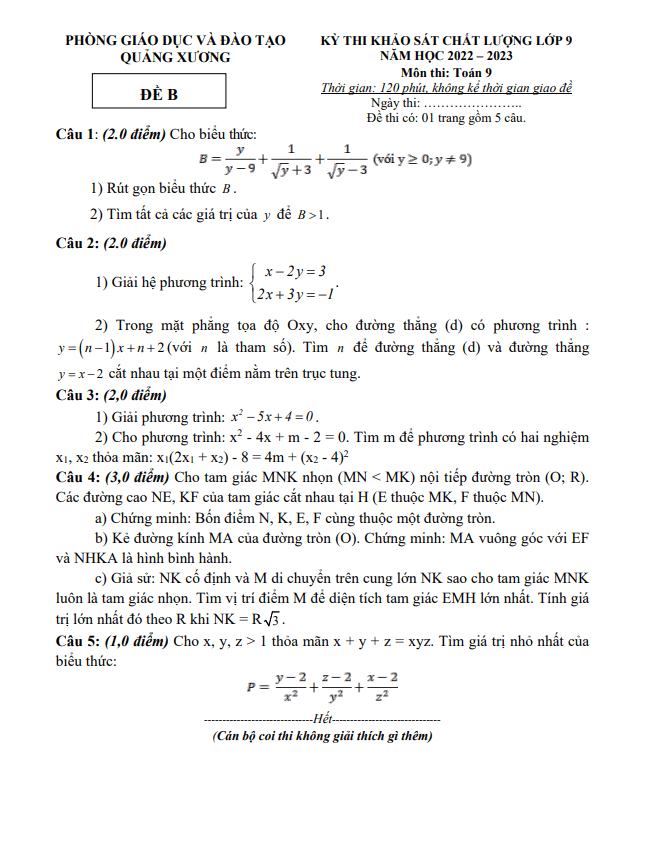 Đề khảo sát Toán 9 năm 2022 – 2023 phòng GD&ĐT Quảng Xương – Thanh Hoá