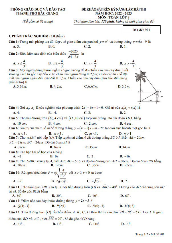 Đề khảo sát Toán 9 năm 2022 – 2023 phòng GD&ĐT thành phố Bắc Giang