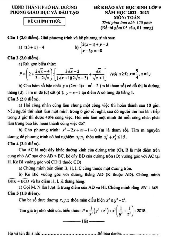 Đề khảo sát Toán 9 năm 2022 – 2023 phòng GD&ĐT thành phố Hải Dương