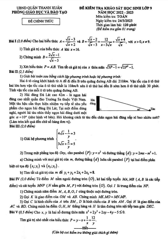 Đề khảo sát Toán 9 năm 2022 – 2023 phòng GD&ĐT Thanh Xuân – Hà Nội