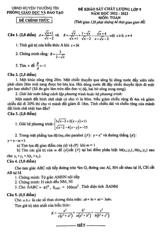 Đề khảo sát Toán 9 năm 2022 – 2023 phòng GD&ĐT Thường Tín – Hà Nội