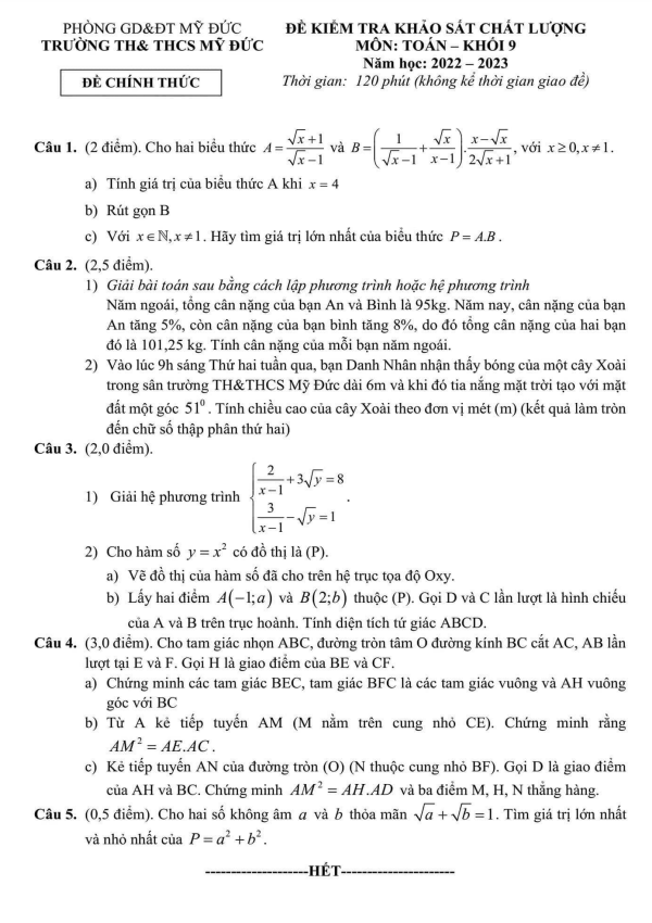 Đề khảo sát Toán 9 năm 2022 – 2023 trường TH & THCS Mỹ Đức – Hà Nội