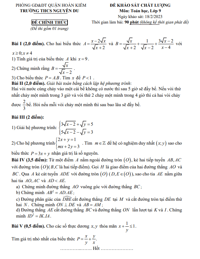 Đề khảo sát Toán 9 năm 2022 – 2023 trường THCS Nguyễn Du – Hà Nội