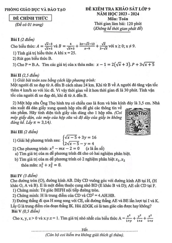 Đề khảo sát Toán 9 năm 2023 – 2024 phòng GD&ĐT Đông Anh – Hà Nội
