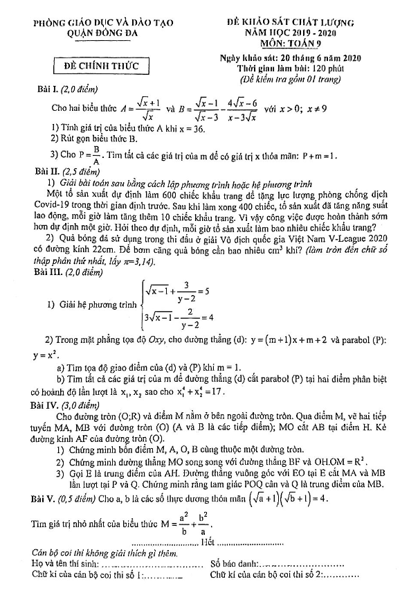 Đề khảo sát Toán 9 năm học 2019 – 2020 phòng GD&ĐT Đống Đa – Hà Nội