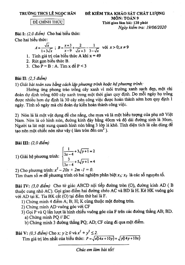 Đề khảo sát Toán 9 năm học 2019 – 2020 trường THCS Lê Ngọc Hân – Hà Nội