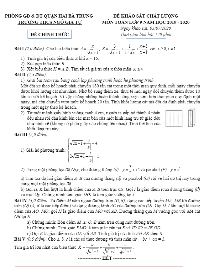 Đề khảo sát Toán 9 năm học 2019 – 2020 trường THCS Ngô Gia Tự – Hà Nội
