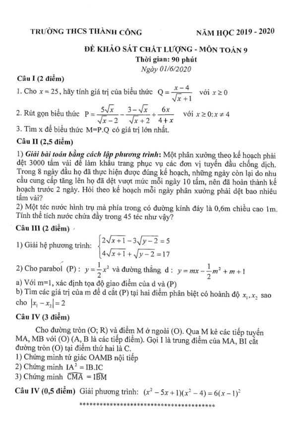 Đề khảo sát Toán 9 năm học 2019 – 2020 trường THCS Thành Công – Hà Nội