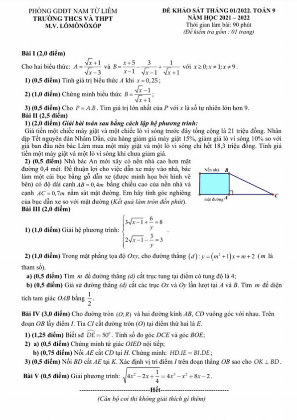 Đề khảo sát Toán 9 tháng 01 năm 2022 trường M.V. Lômônôxốp – Hà Nội