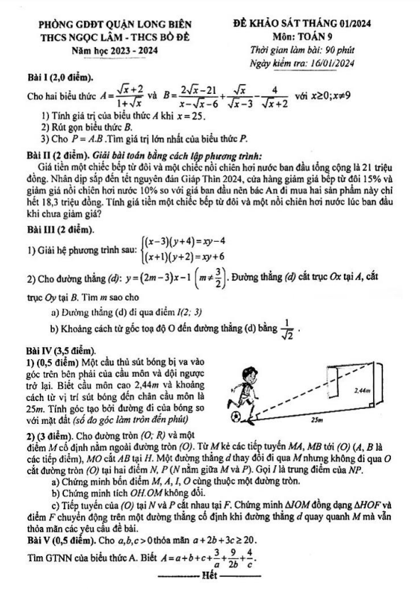 Đề khảo sát Toán 9 tháng 01 năm 2024 trường THCS Ngọc Lâm & Bồ Đề – Hà Nội