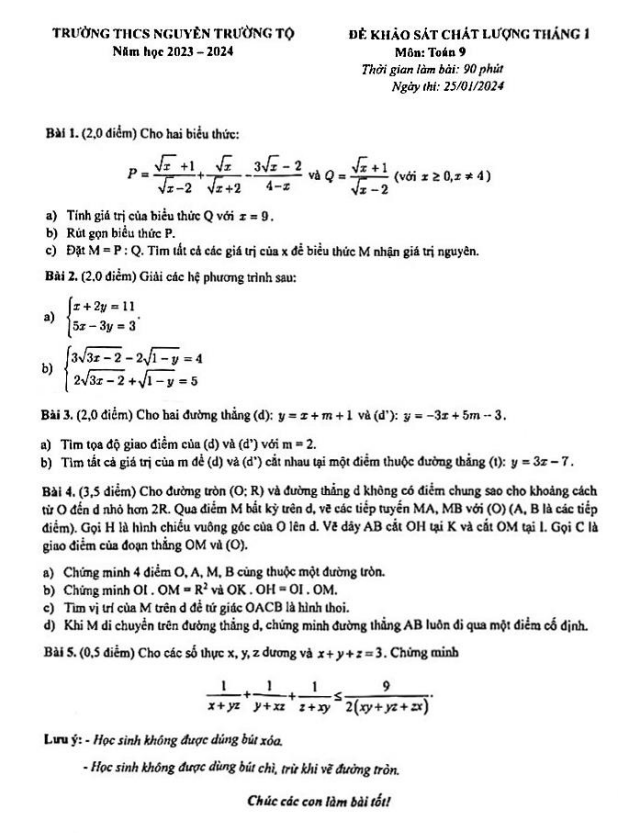 Đề khảo sát Toán 9 tháng 1 năm 2024 trường THCS Nguyễn Trường Tộ – Hà Nội