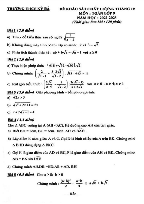 Đề khảo sát Toán 9 tháng 10 năm 2022 trường THCS Kỳ Bá – Thái Bình