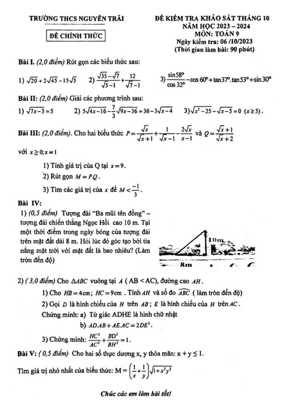Đề khảo sát Toán 9 tháng 10 năm 2023 – 2024 trường THCS Nguyễn Trãi – Hà Nội