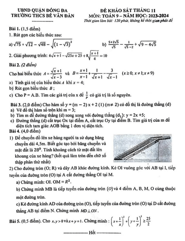 Đề khảo sát Toán 9 tháng 11 năm 2023 trường THCS Bế Văn Đàn – Hà Nội