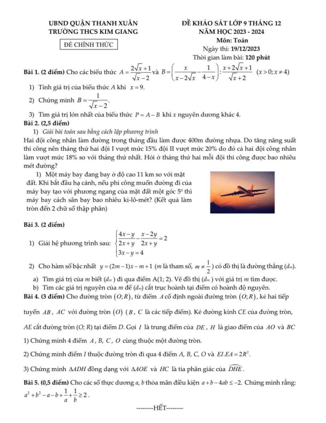 Đề khảo sát Toán 9 tháng 12 năm 2023 trường THCS Kim Giang – Hà Nội