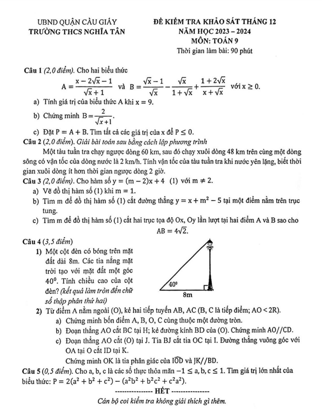 Đề khảo sát Toán 9 tháng 12 năm 2023 trường THCS Nghĩa Tân – Hà Nội