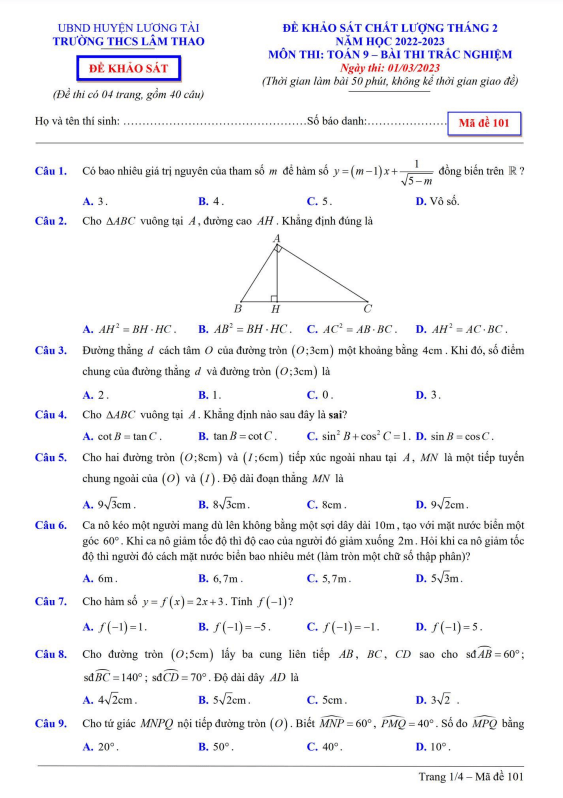 Đề khảo sát Toán 9 tháng 2 năm 2023 trường THCS Lâm Thao – Bắc Ninh