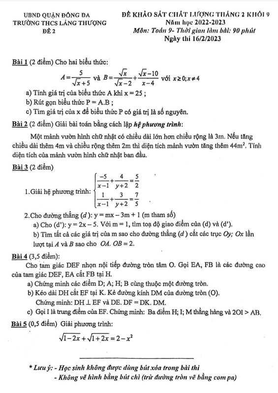 Đề khảo sát Toán 9 tháng 2 năm 2023 trường THCS Láng Thượng – Hà Nội