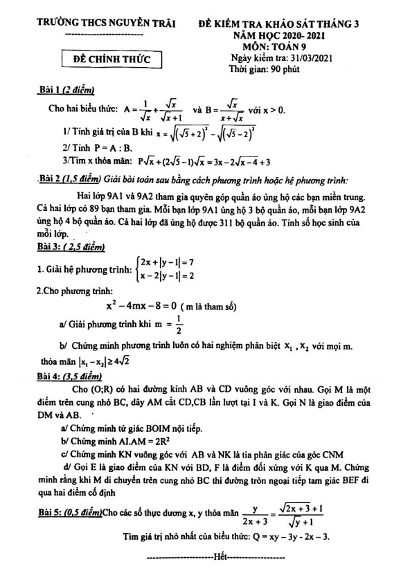 Đề khảo sát Toán 9 tháng 3 năm 2021 trường THCS Nguyễn Trãi – Hà Nội