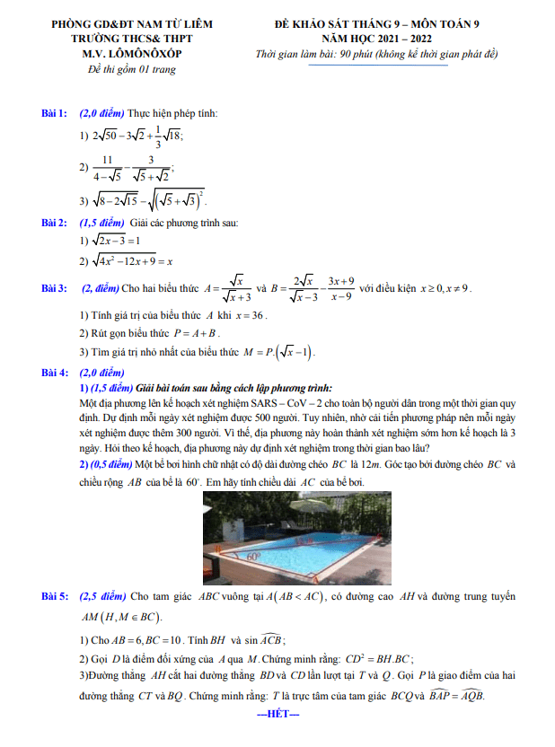 Đề khảo sát Toán 9 tháng 9 năm 2021 trường M.V. Lômônôxốp – Hà Nội