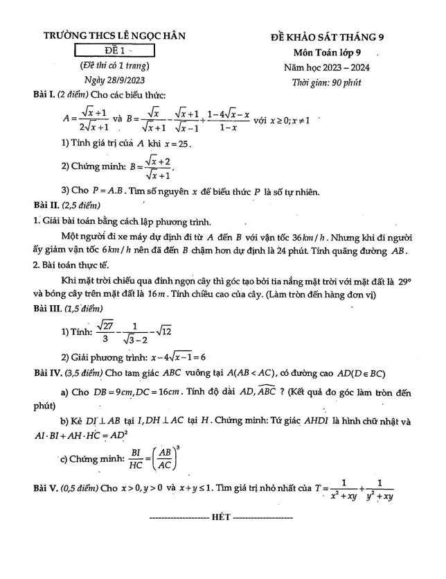 Đề khảo sát Toán 9 tháng 9 năm 2023 – 2024 trường THCS Lê Ngọc Hân – Hà Nội