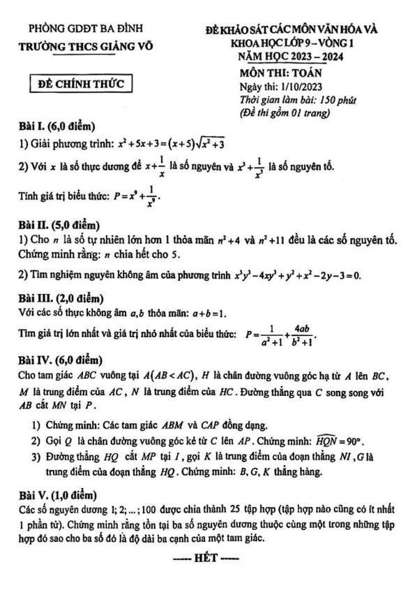 Đề khảo sát Toán 9 vòng 1 năm 2023 – 2024 trường THCS Giảng Võ – Hà Nội