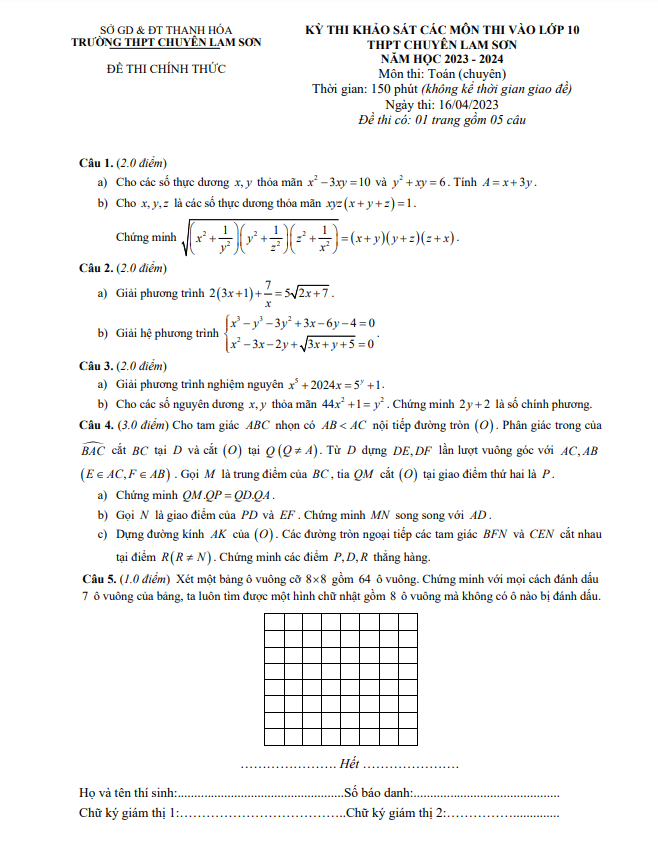 Đề khảo sát Toán (chuyên) vào 10 năm 2023 – 2024 trường chuyên Lam Sơn – Thanh Hóa