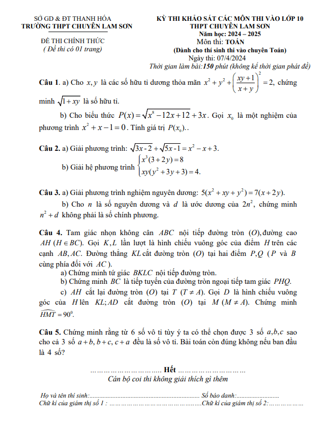Đề khảo sát Toán (chuyên) vào 10 năm 2024 – 2025 trường chuyên Lam Sơn – Thanh Hóa