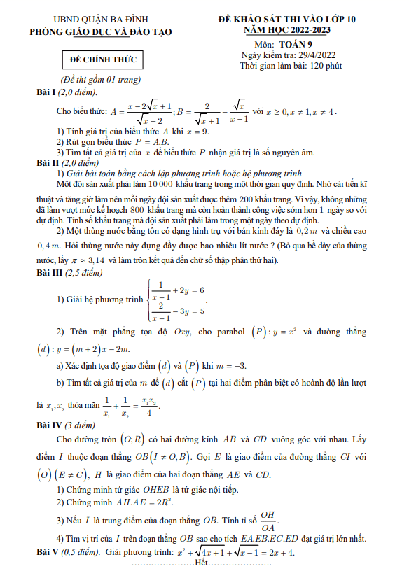 Đề khảo sát Toán thi vào 10 năm 2022 – 2023 phòng GD&ĐT Ba Đình – Hà Nội