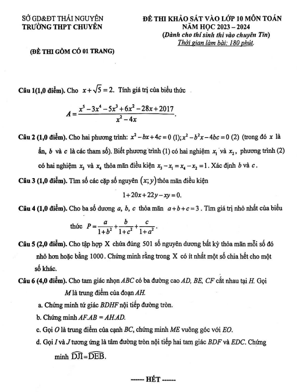 Đề khảo sát Toán (Tin) vào lớp 10 năm 2023 – 2024 trường THPT chuyên Thái Nguyên