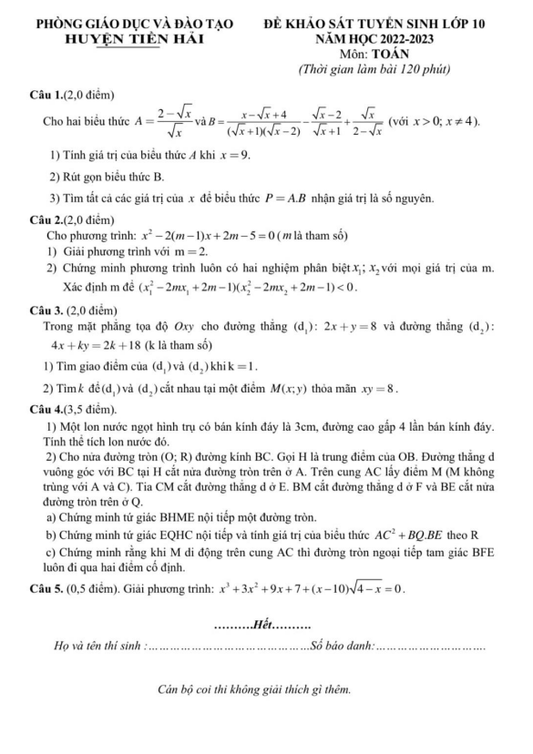 Đề khảo sát Toán tuyển sinh 10 năm 2022 – 2023 phòng GD&ĐT Tiền Hải – Thái Bình
