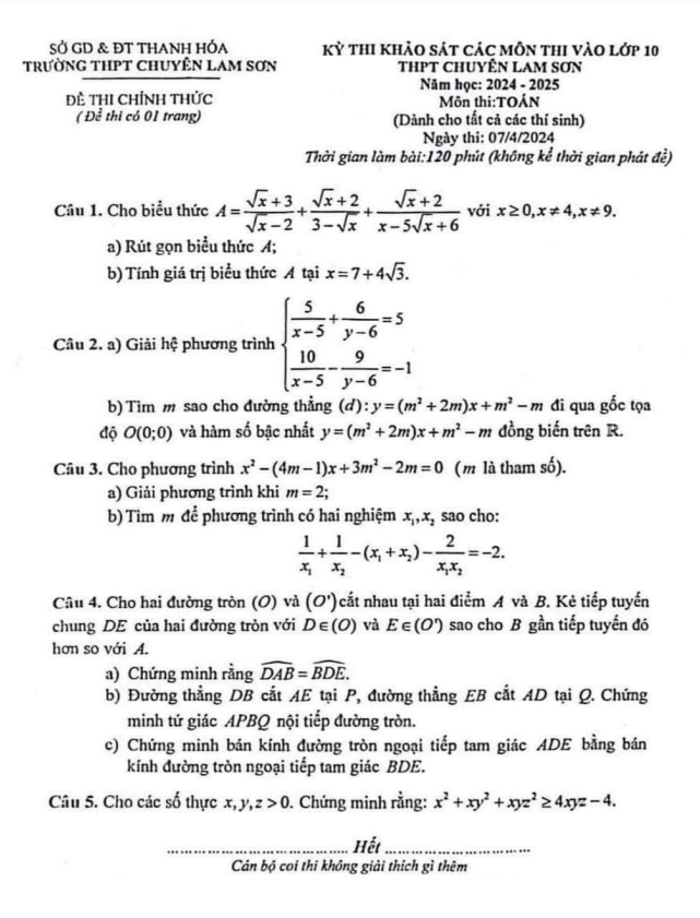 Đề khảo sát Toán vào 10 năm 2024 – 2025 trường chuyên Lam Sơn – Thanh Hóa