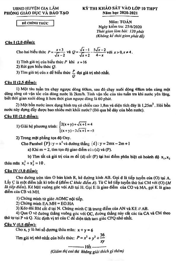 Đề khảo sát vào lớp 10 môn Toán năm 2020 – 2021 phòng GD&ĐT Gia Lâm – Hà Nội