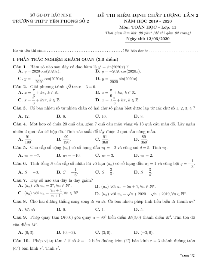Đề kiểm định chất lượng Toán 11 lần 2 năm 2019 – 2020 trường THPT Yên Phong 2 – Bắc Ninh