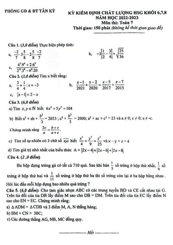 Đề kiểm định HSG Toán 7 năm 2022 – 2023 phòng GD&ĐT Tân Kỳ – Nghệ An