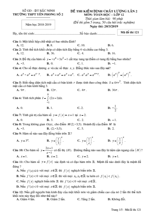 Đề kiểm định Toán 12 lần 2 năm 2018 – 2019 trường THPT Yên Phong 2 – Bắc Ninh