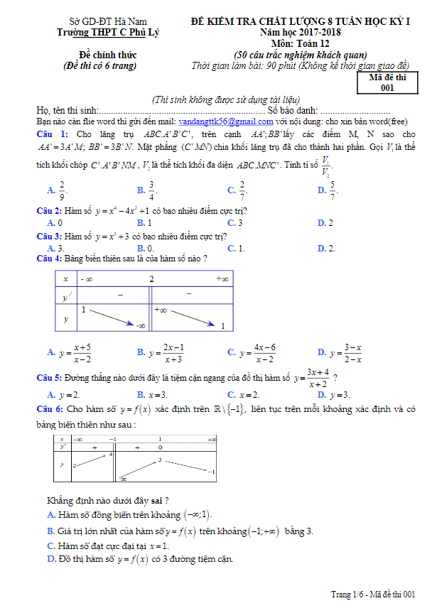 Đề kiểm tra chất lượng 8 tuần học kỳ I năm học 2017 – 2018 môn Toán 12 trường THPT C Phủ Lý – Hà Nam
