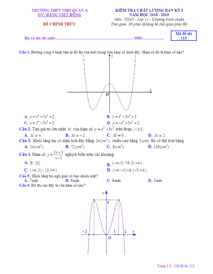 Đề kiểm tra chất lượng bán kỳ 1 Toán 12 năm 2018 – 2019 trường THPT Nho Quan A – Ninh Bình