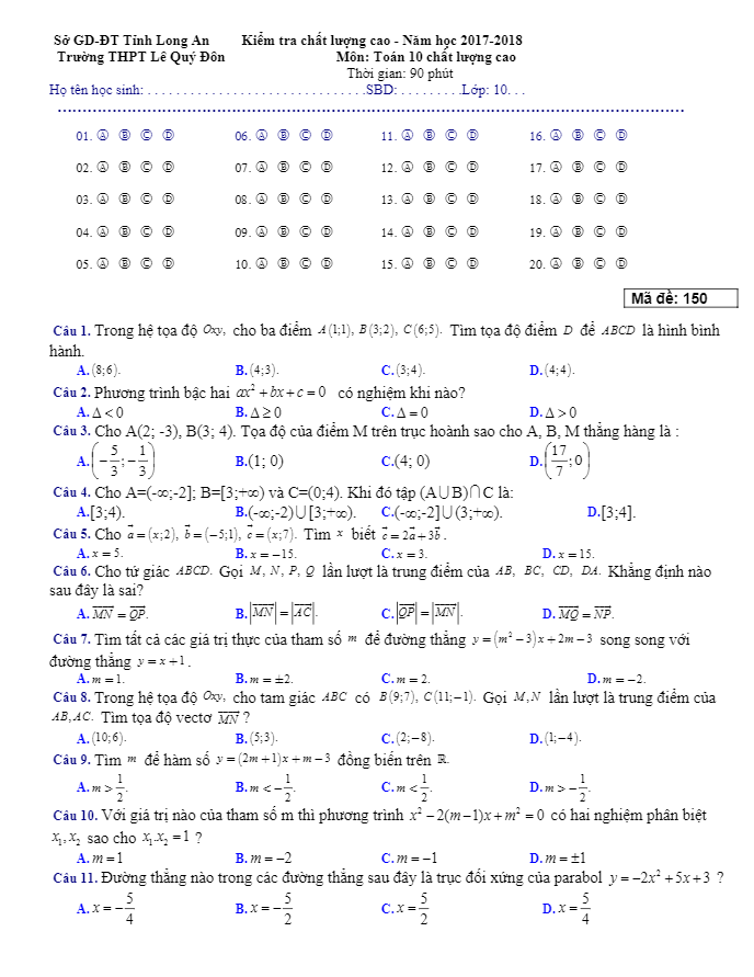 Đề kiểm tra chất lượng cao Toán 10 năm học 2017 – 2018 trường THPT Lê Quý Đôn – Long An