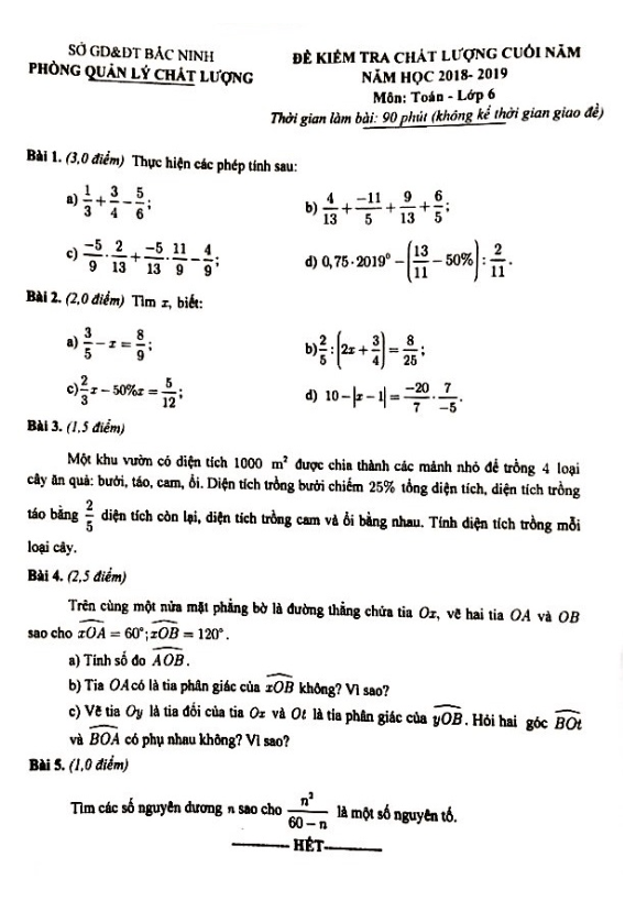 Đề kiểm tra chất lượng cuối năm Toán 6 năm 2018 – 2019 sở GD&ĐT Bắc Ninh