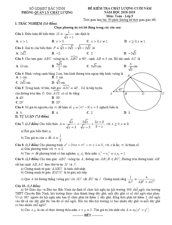 Đề kiểm tra chất lượng cuối năm Toán 9 năm 2018 – 2019 sở GD&ĐT Bắc Ninh