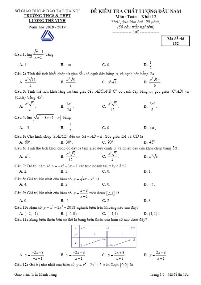 Đề kiểm tra chất lượng đầu năm 2018 – 2019 Toán 12 trường Lương Thế Vinh – Hà Nội