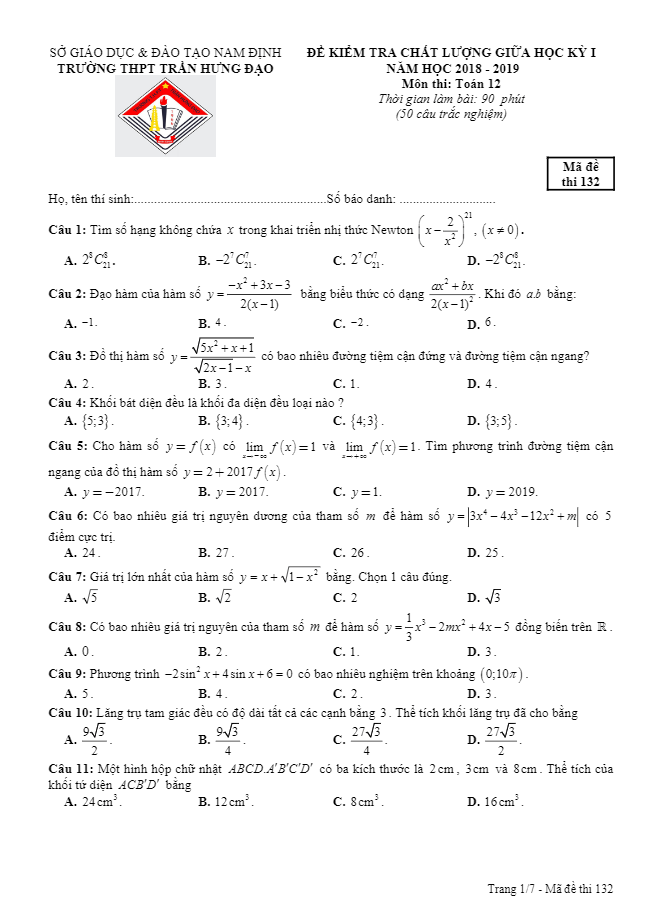 Đề kiểm tra chất lượng giữa HK1 Toán 12 năm 2018 – 2019 trường Trần Hưng Đạo – Nam Định
