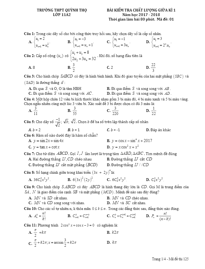 Đề kiểm tra chất lượng giữa kỳ 1 Toán 11 năm 2017 – 2018 trường Quỳnh Thọ – Thái Bình