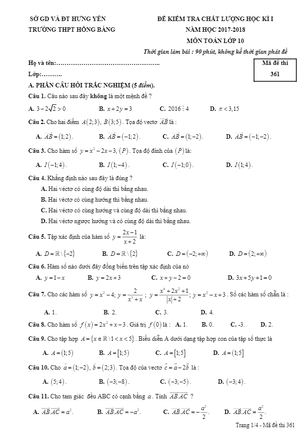 Đề kiểm tra chất lượng HK1 Toán 10 năm học 2017 – 2018 trường THPT Hồng Bàng – Hưng Yên