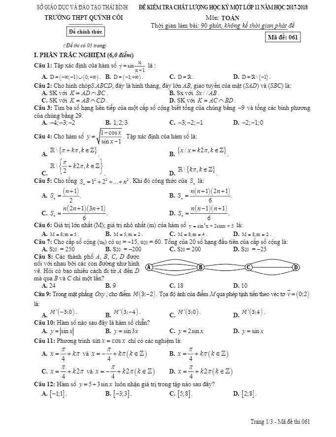 Đề kiểm tra chất lượng HK1 Toán 11 năm học 2017 – 2018 trường THPT Quỳnh Côi – Thái Bình