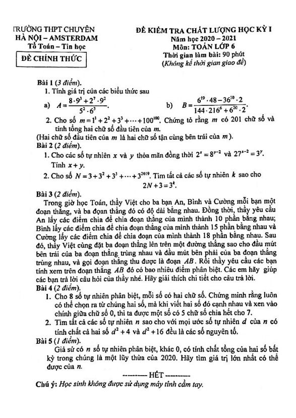 Đề kiểm tra chất lượng HK1 Toán 6 năm 2020 – 2021 trường chuyên Hà Nội – Amsterdam