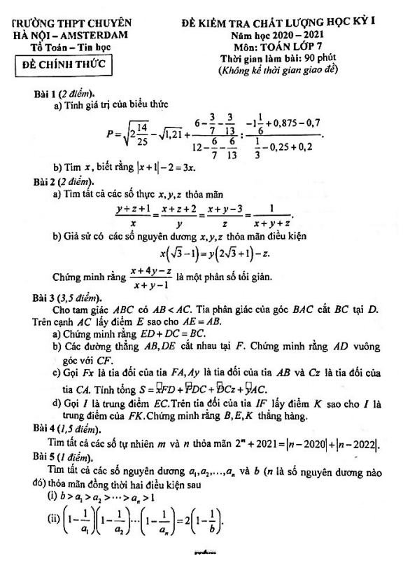 Đề kiểm tra chất lượng HK1 Toán 7 năm 2020 – 2021 trường chuyên Hà Nội – Amsterdam